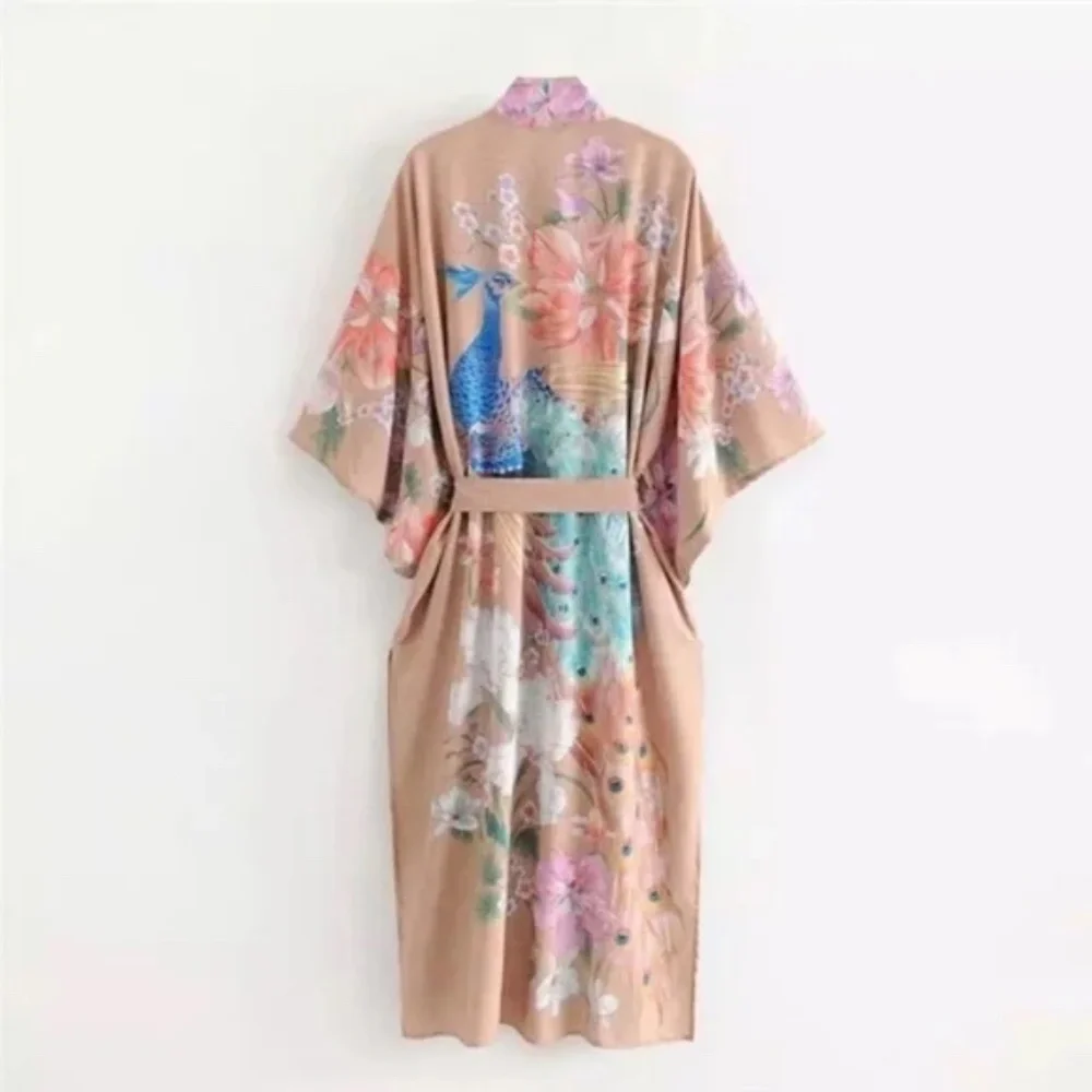 SOLD OUT Gypsy Bohemian Tan Floral Peacock Open Kimono Robe - Picture 7 of 12
